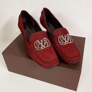 Louis Vuitton Red Suede Kitten Heels LV Logo Pumps size 37
